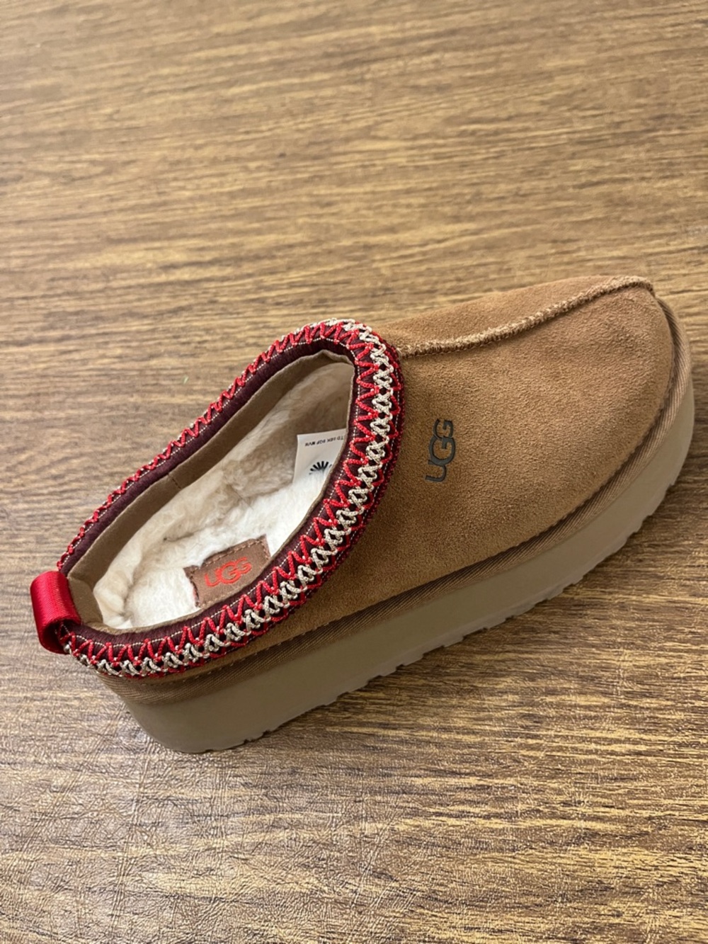 UGG Chestnut Suede Slip-On Clogs with Red Trim and Cream Lining. - Picture 2 of 8